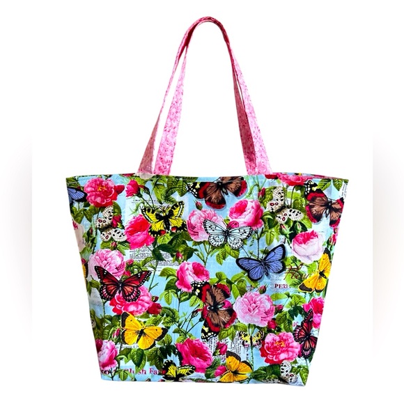 Handmade Tote Bag Colorful Floral Butterflies Fabric Market Bag Shoulder Purse - Picture 4 of 7
